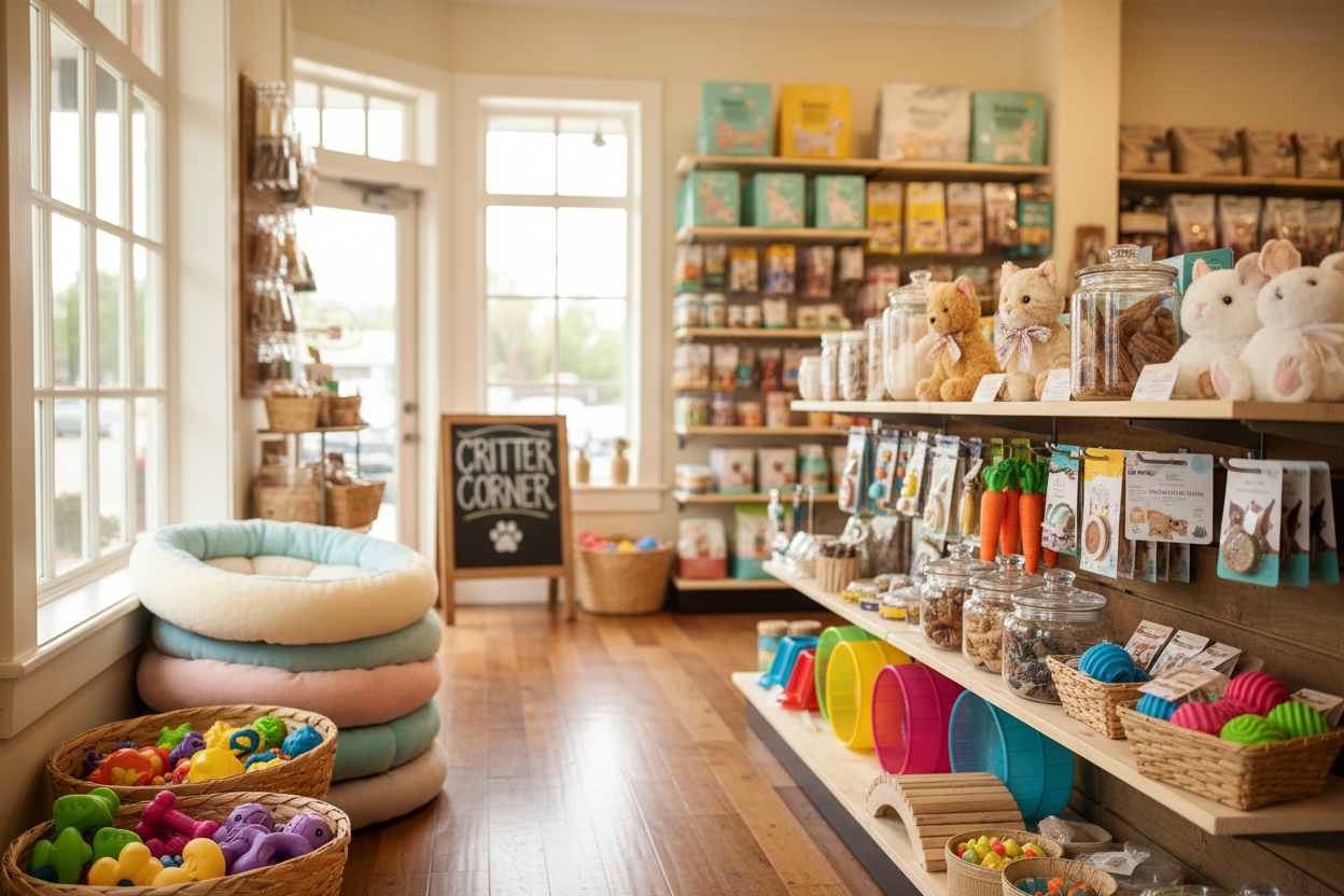 Welcome to Critter Corner, your cozy pet shop for dogs, cats, and small animals! We offer cute, high-quality pet supplies from toys and treats to beds and grooming essentials, all chosen to keep your furry friends happy, healthy, and full of tail-wagging joy. (make it real photo)